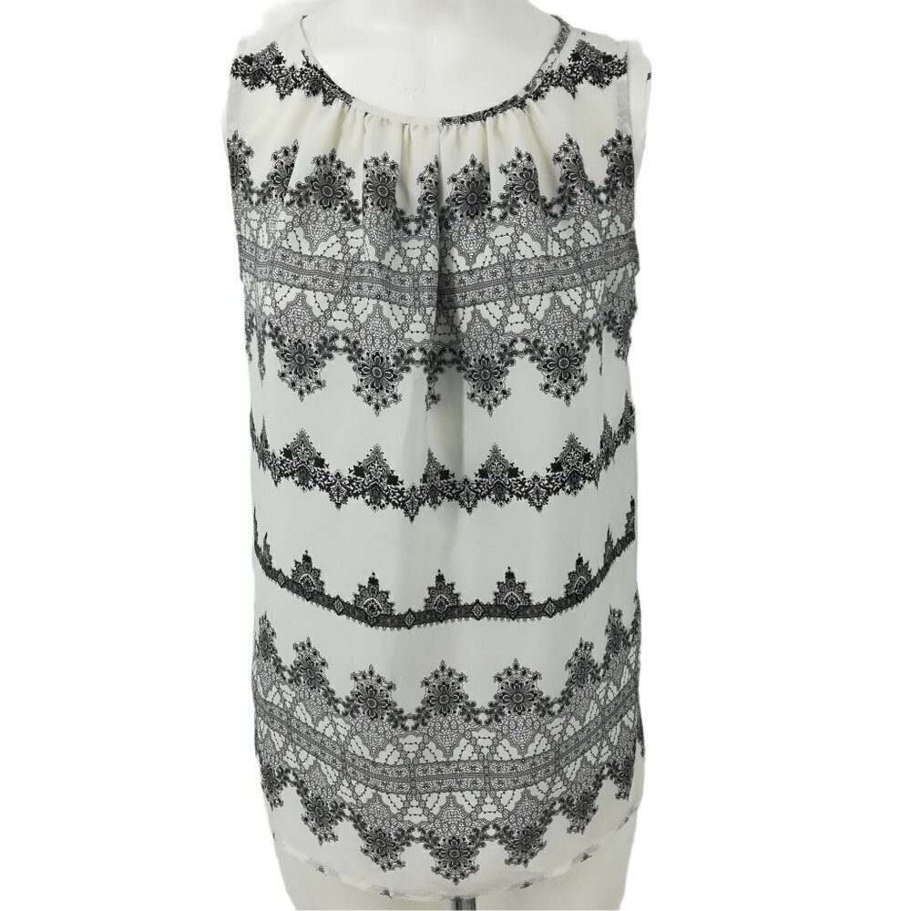 Ann Taylor Loft Sleeveless Blouse Size XS Damask Paisley Black White Classic